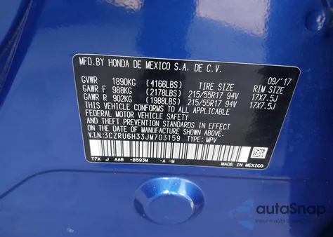 2018 Honda Hr-V Lx z USA, uszkodzony, nr VIN 3CZRU6H33JM703159